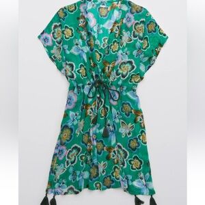 Aerie Chiffon Beach Cover Up Kelly Green Floral Vacation Resort XS / Small